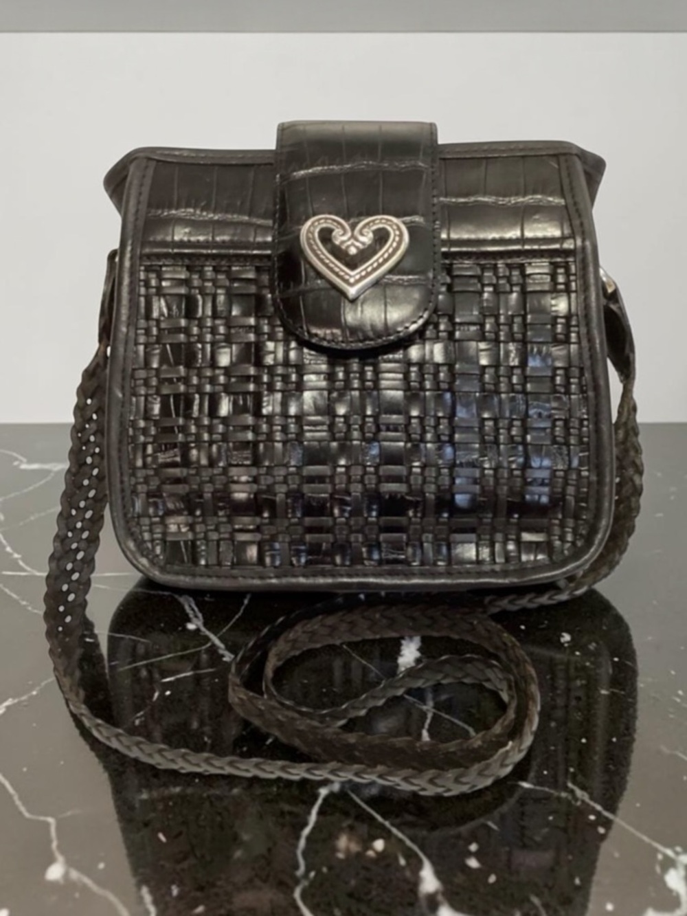 Brighton Black Leather Braided Strap Crossbody Bag Purse